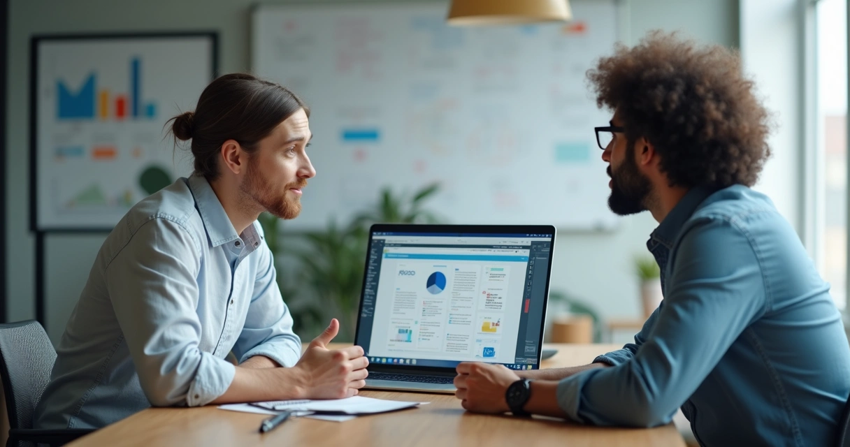 Gestor e colaborador revisando PDI juntos na reunião um a um 