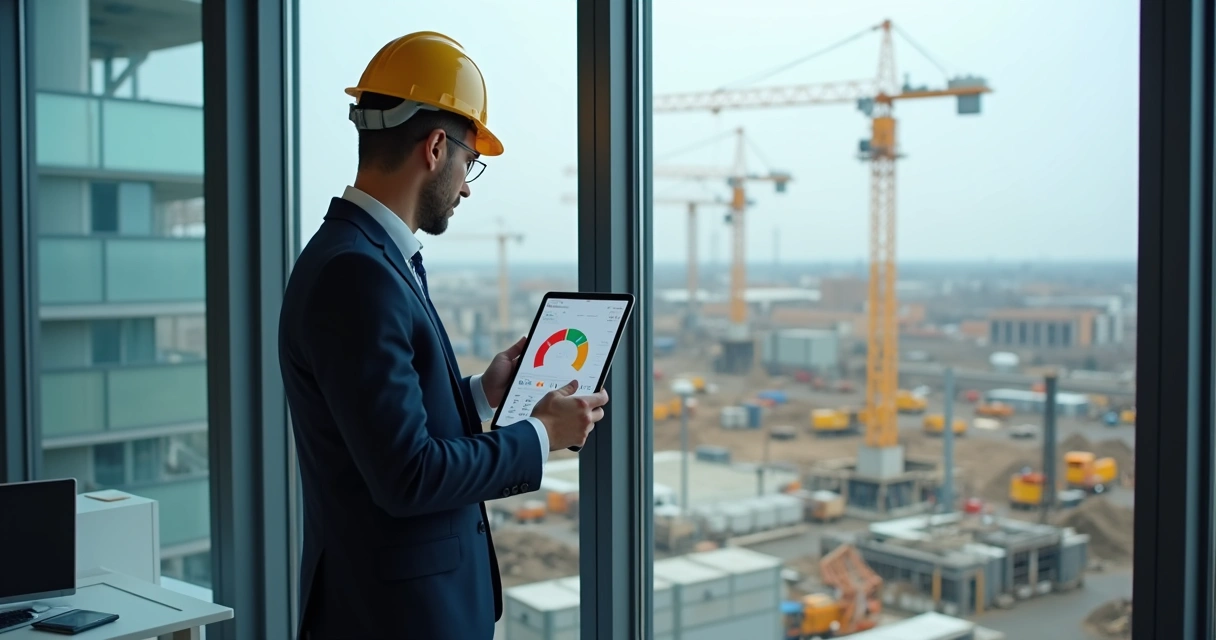 Gestor de construtora usando tablet para acompanhar dados financeiros em obra 