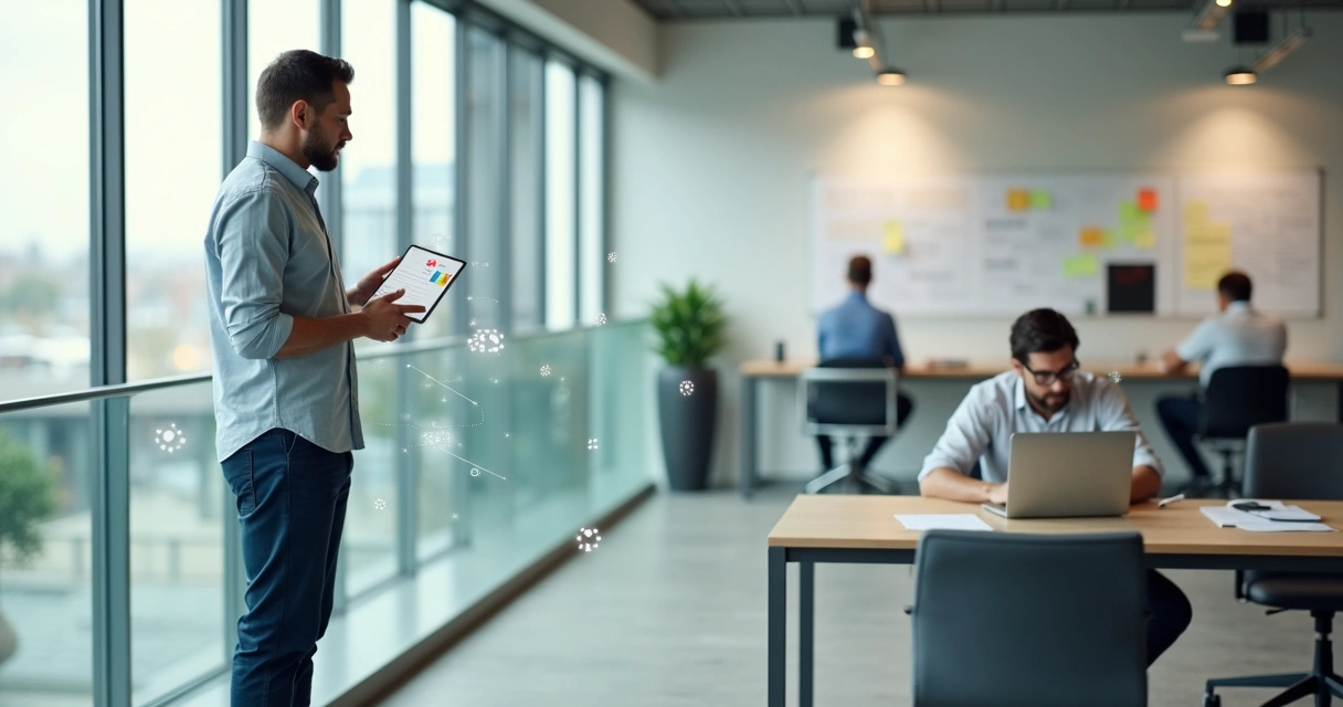 Gestor usando tablet enquanto observa colaboradores em diferentes estações conectados por gráficos de desempenho 