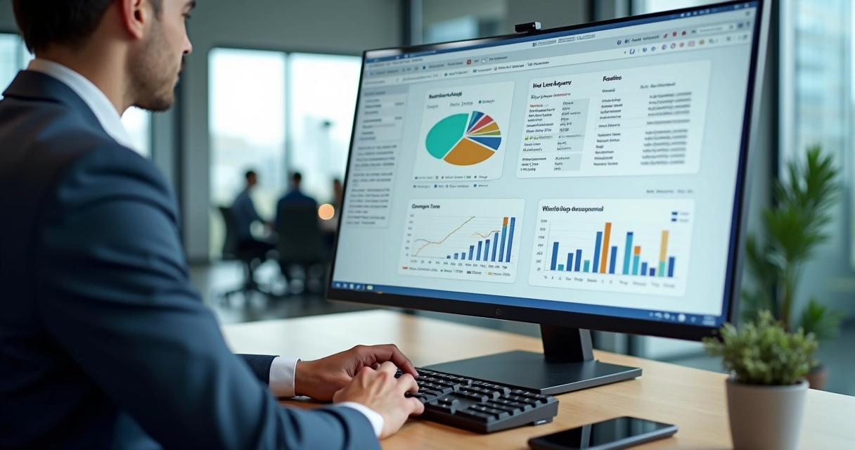 Gestor avaliando jornada de leads em tela com gráficos e mensagens 