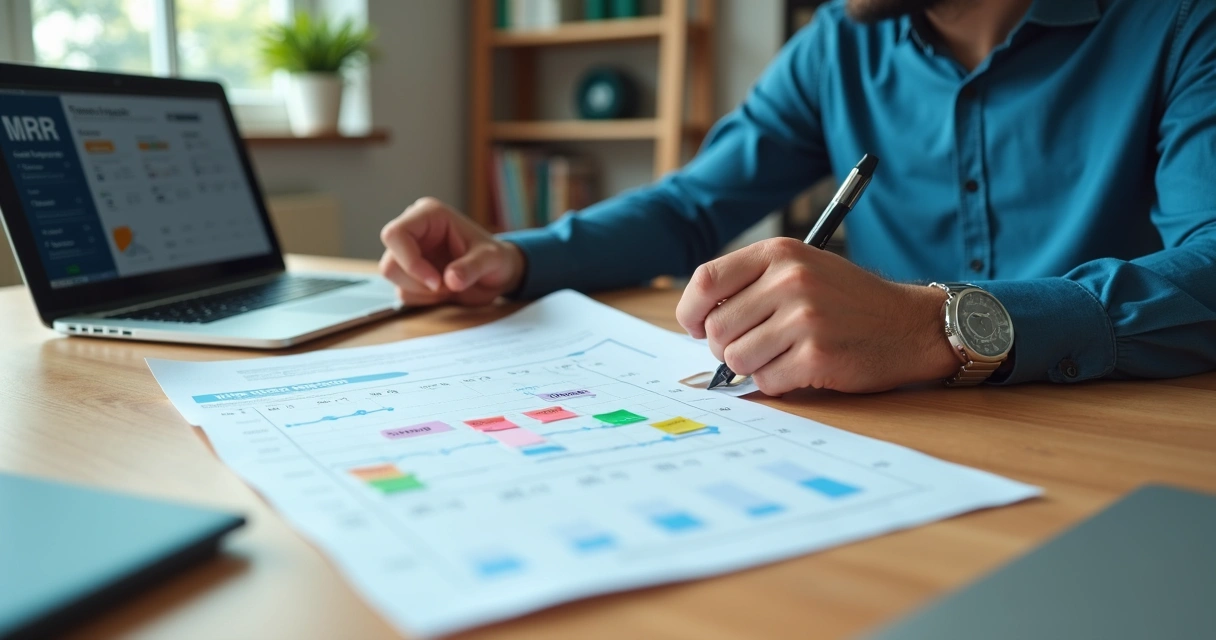 Gestor de PME analisando gráfico de receita recorrente sobre calendário mensal 