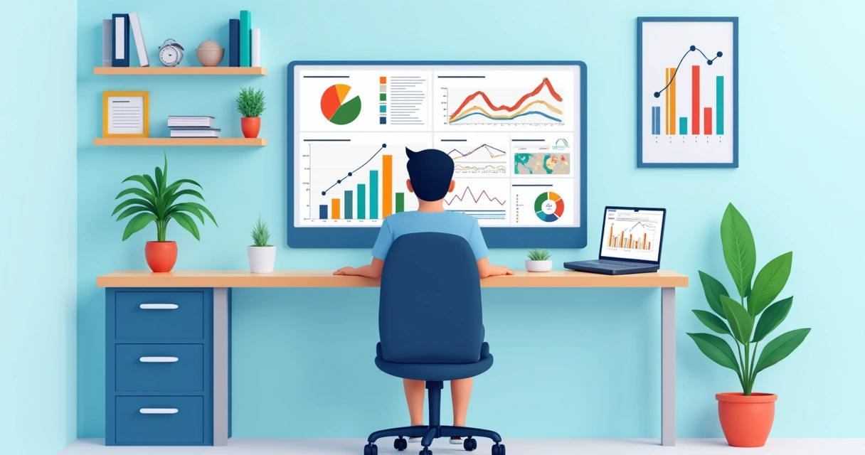 Gestor de clínica acompanhando painel de dados com gráficos coloridos 