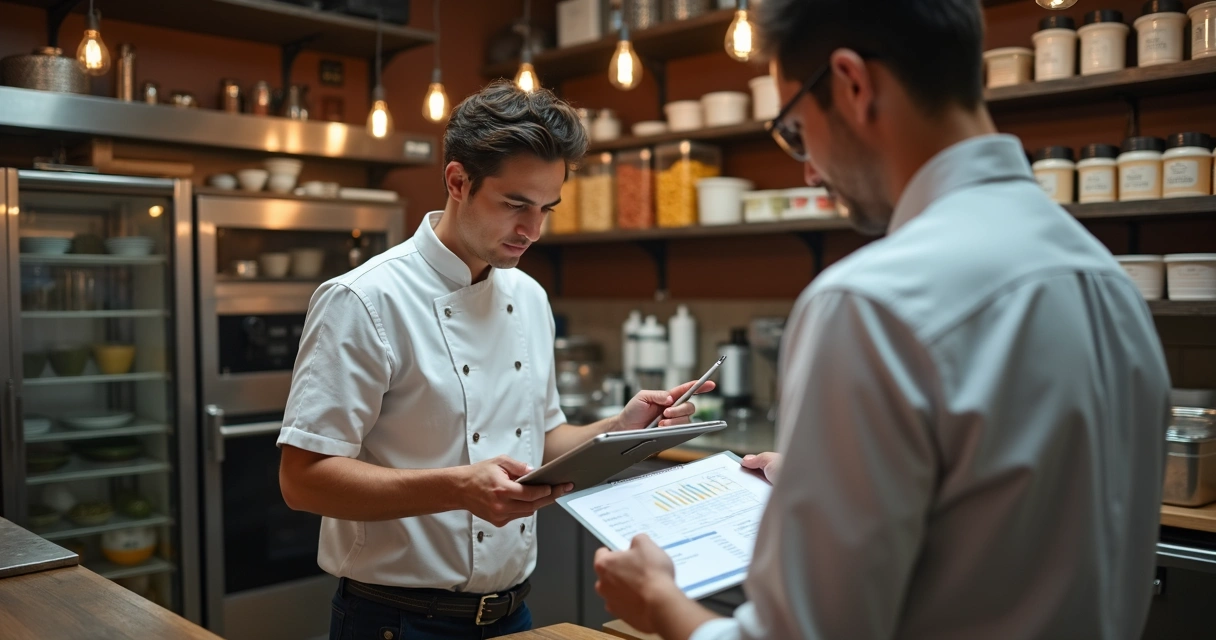 Gestor acompanhando relatórios em tablet na cozinha 