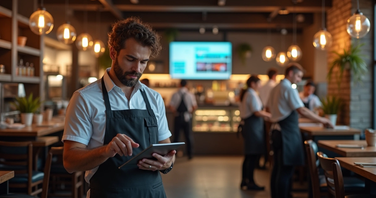 Gestor olhando painel de tarefas em tablet 