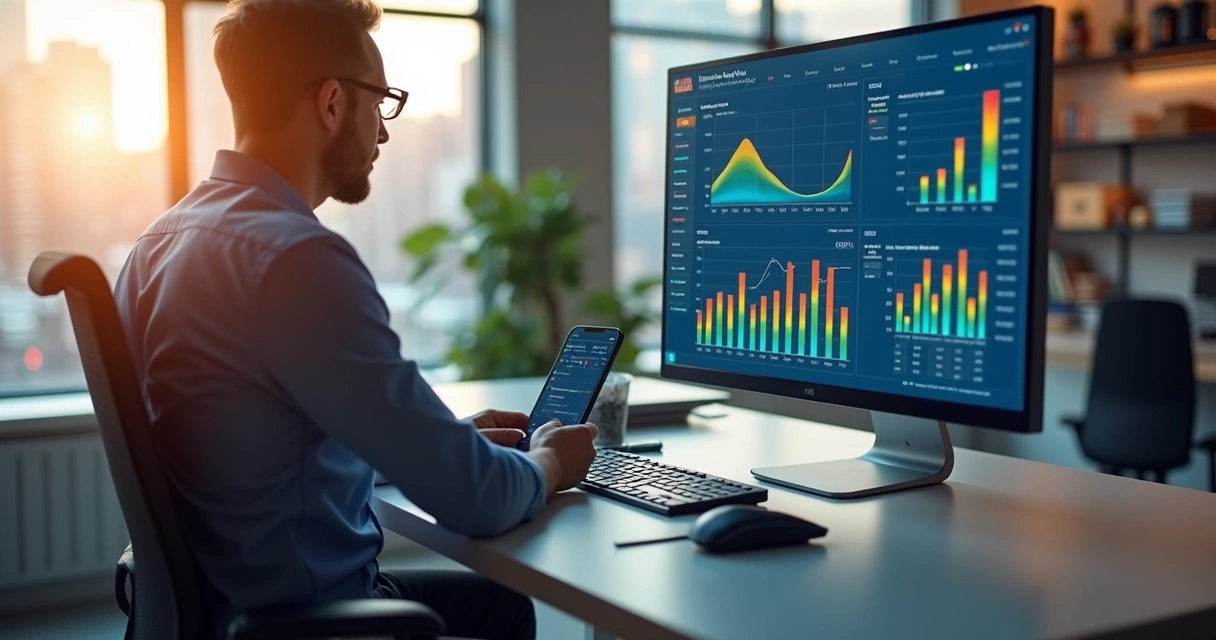 Gestor acompanhando vendas e indicadores em tela de sistema integrado 