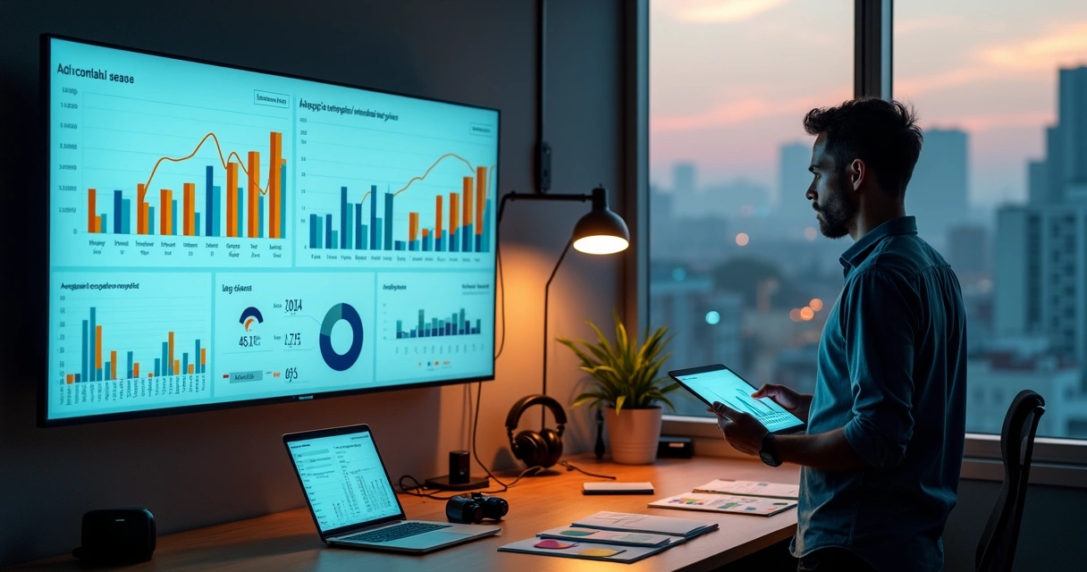 Gestor de agência de marketing analisando painéis de indicadores em escritório moderno 