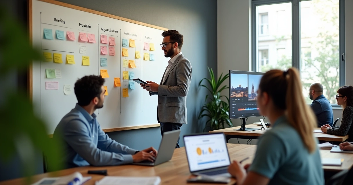 Gestor de agência de conteúdo organizando tarefas em quadro Kanban cheio de projetos digitais 