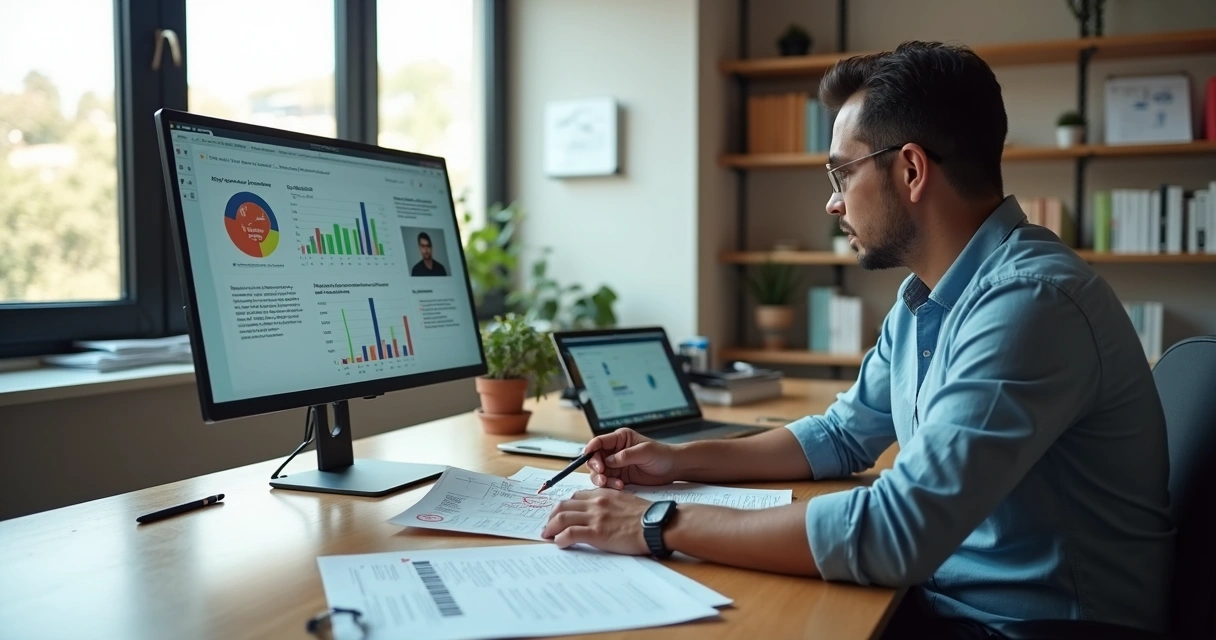 Gestor de agência analisando fluxo de caixa enquanto negocia inadimplência com cliente em videoconferência 