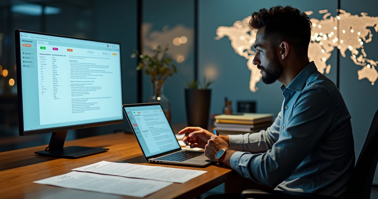 Gestor de agência de tradução revisando projetos em escritório com mapas e telas digitais 