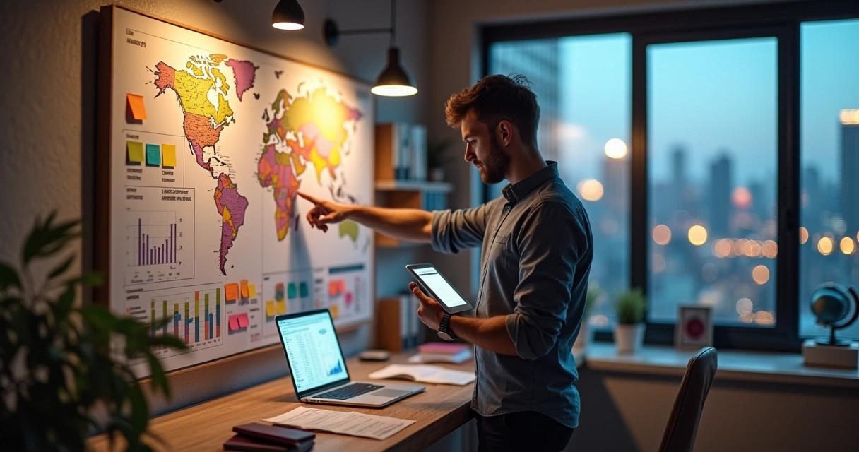 Gestor de agência de viagens analisando mural de roteiros e gráficos de desempenho 