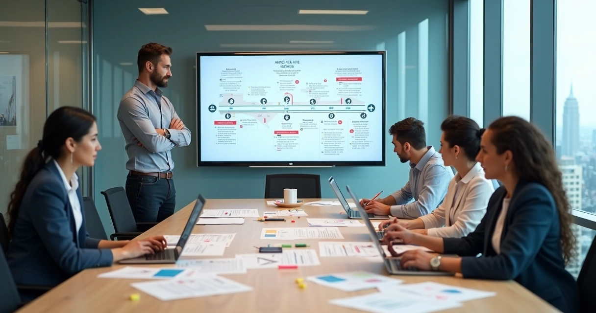 Gestor de agência de viagens analisando processos internos em sala de reunião moderna 