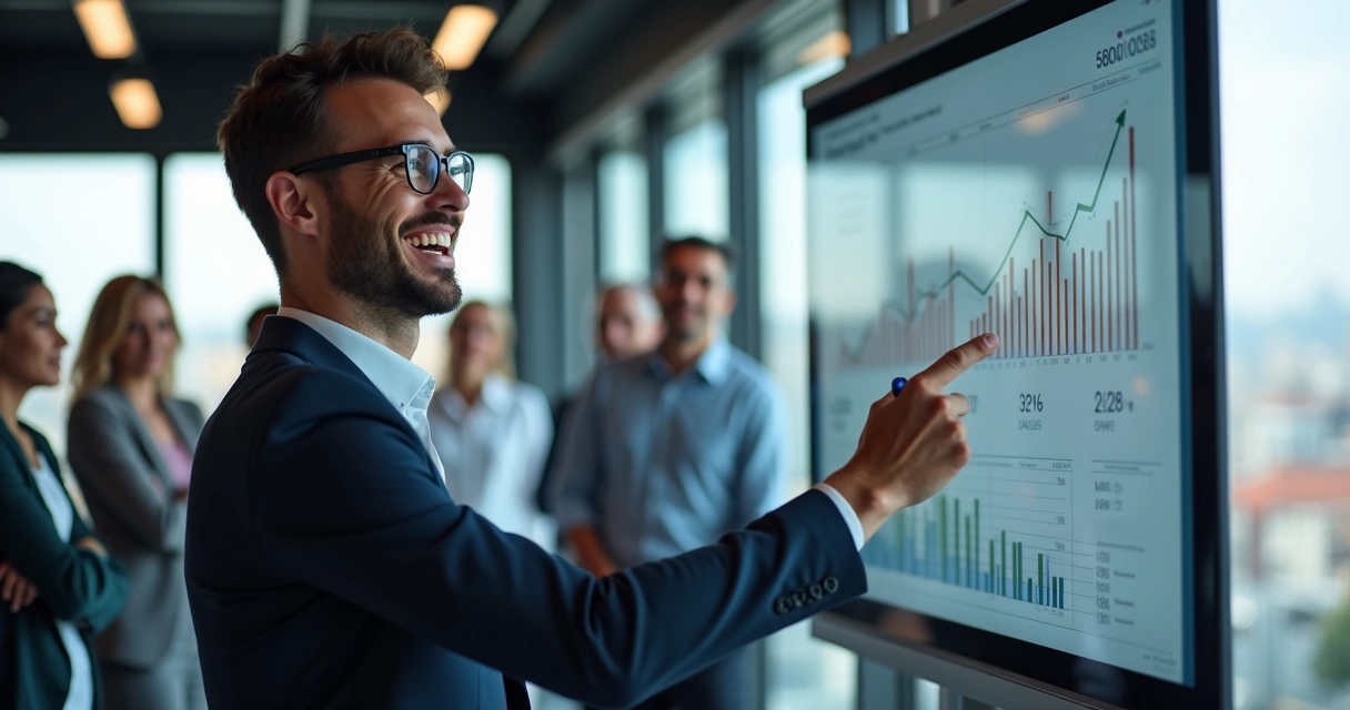 Gestor de empresa sorrindo analisando gráficos de crescimento com equipe 