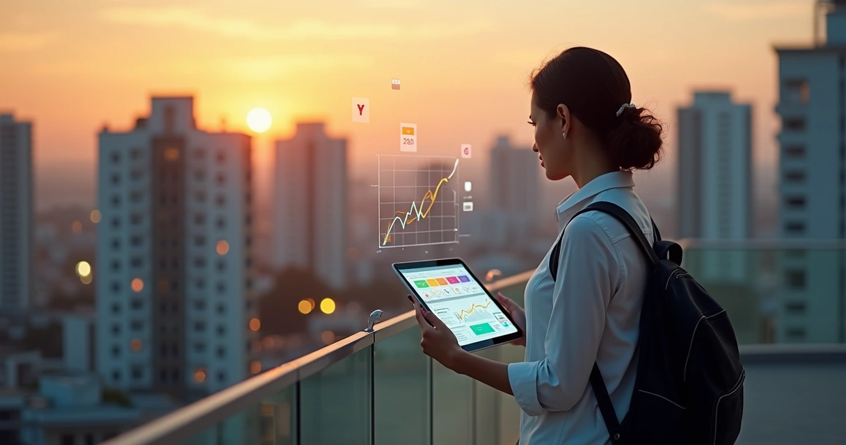 Gestor imobiliário analisando aluguel de imóveis em tablet com prédios ao fundo 