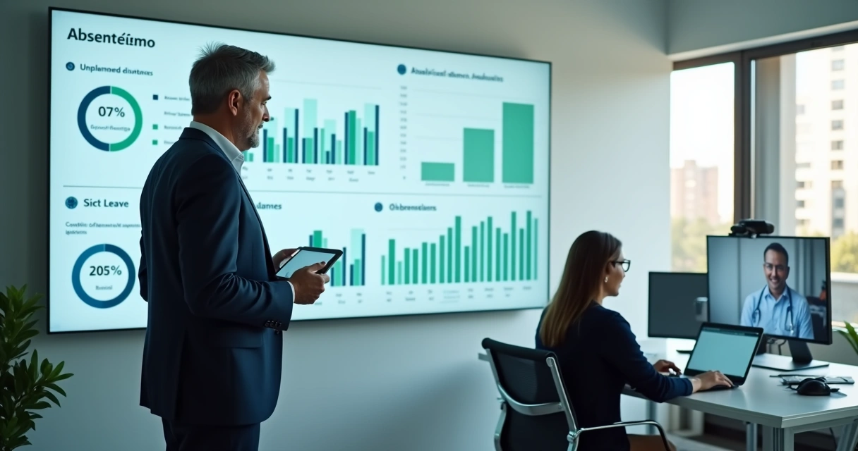 Gestor de pequena empresa analisa taxa de absenteísmo em painel com colaboradores ao fundo 