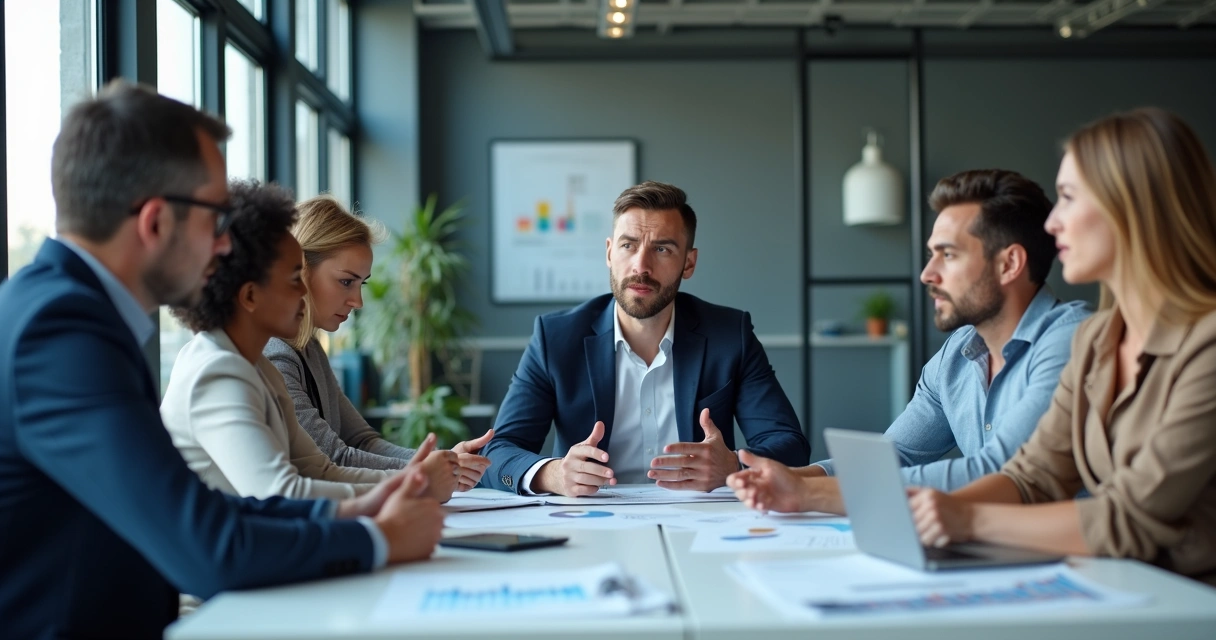 Gestor analisa ambiente de trabalho com equipe, documentos em mãos, ambiente moderno 