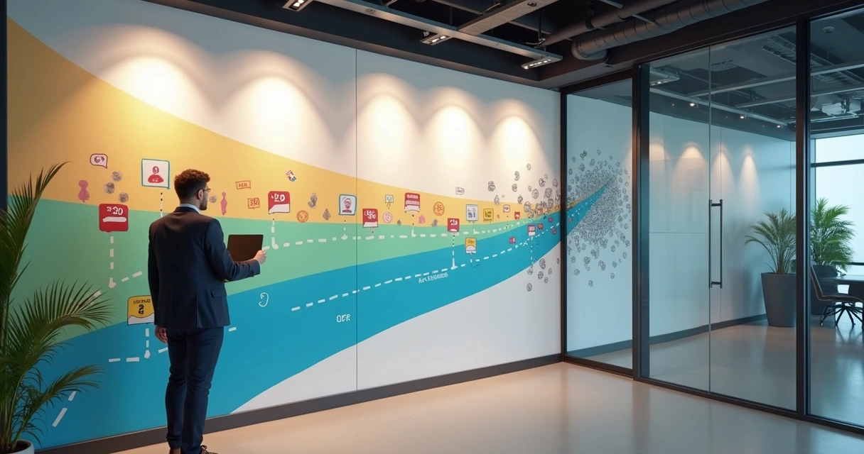 Gestor observa mural com opções de custo de LMS corporativo e trajetórias de decisão 