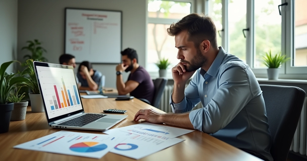 Gestor de pequena empresa analisando gráficos de produtividade e saúde dos colaboradores 