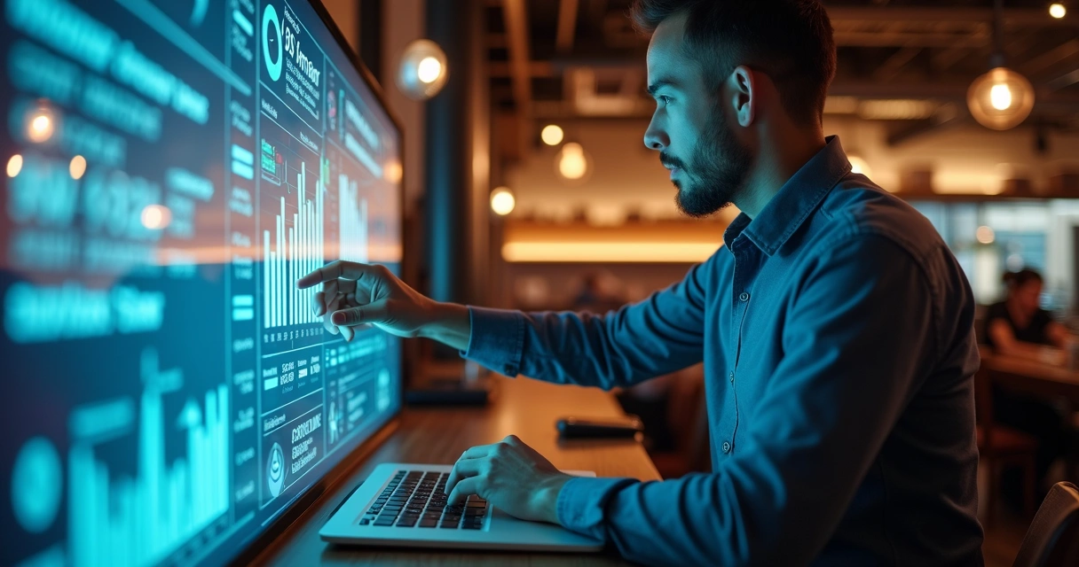 Gestor de restaurante analisando dados de delivery em tela digital com gráficos de churn rate, relatórios e indicadores em ambiente moderno e iluminado 