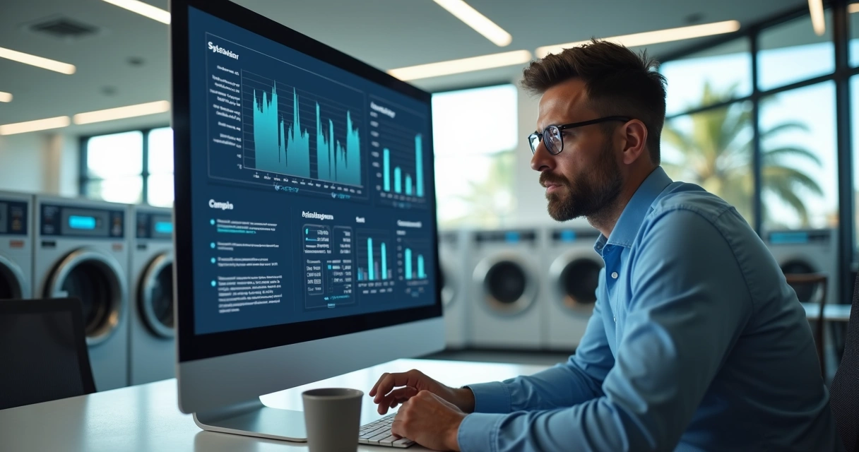 Homem analisando gráficos em tela no escritório de lavanderia 