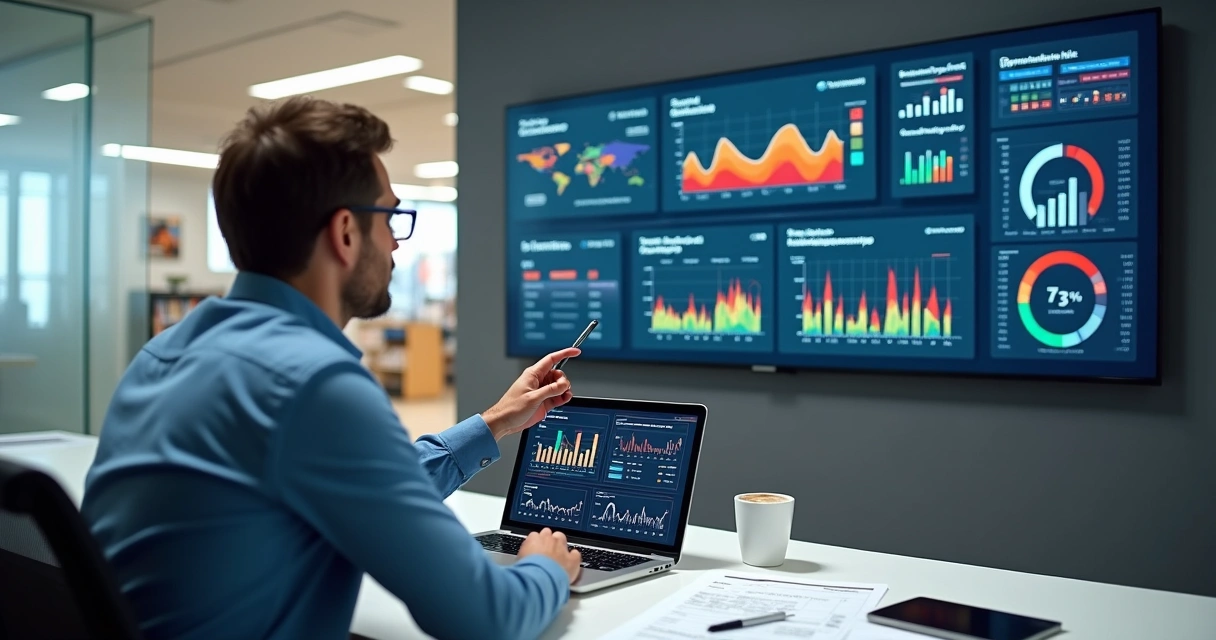 Gestor de varejo analisando dashboard de estoque e perdas em tela grande 