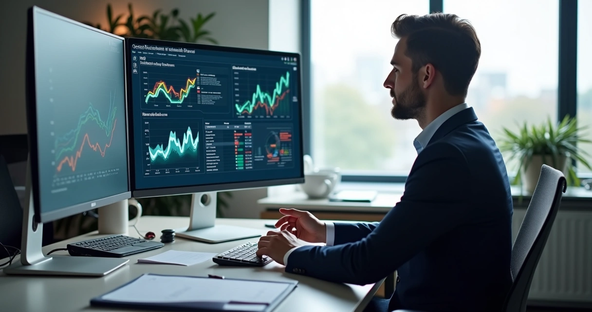Gestor analisando dashboard financeiro com gráficos e dados em tela digital 