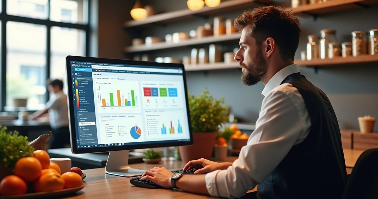 Gestor de restaurante analisando controle de estoque e compras em tela de computador 