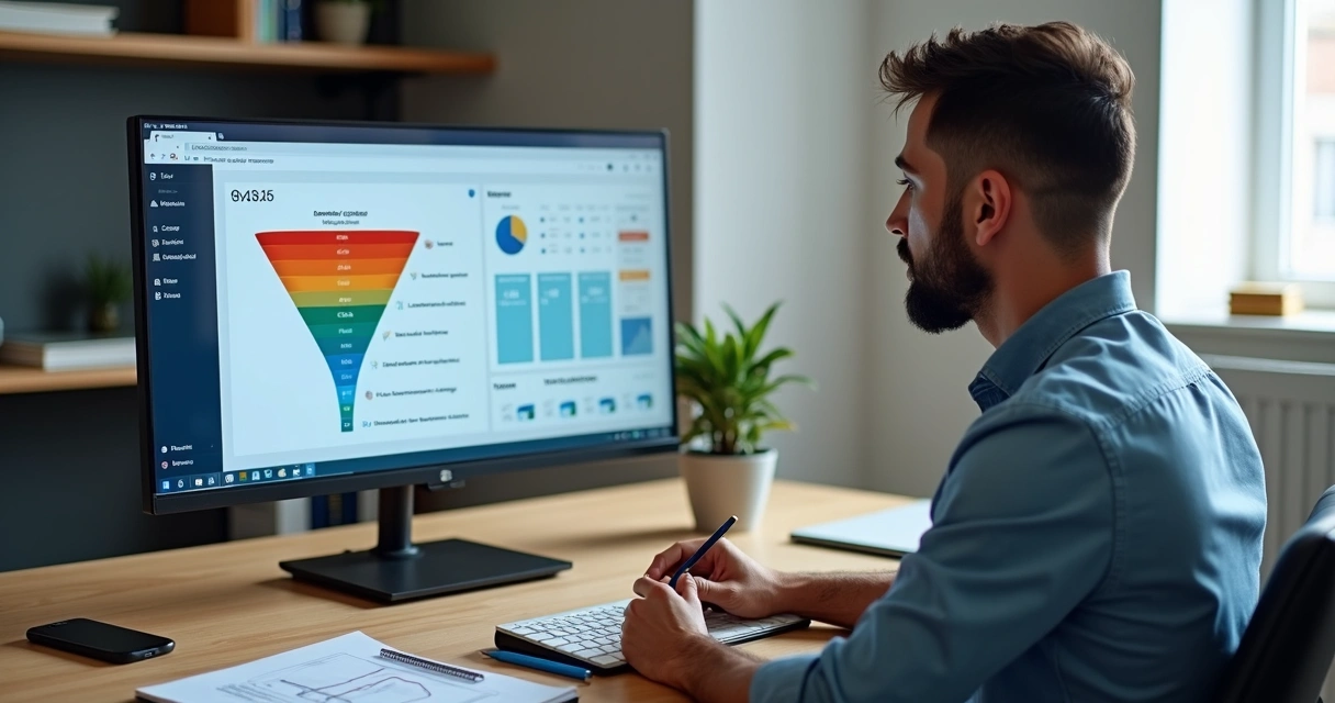 Gestor observa tela de CRM com funil de vendas e métricas detalhadas 