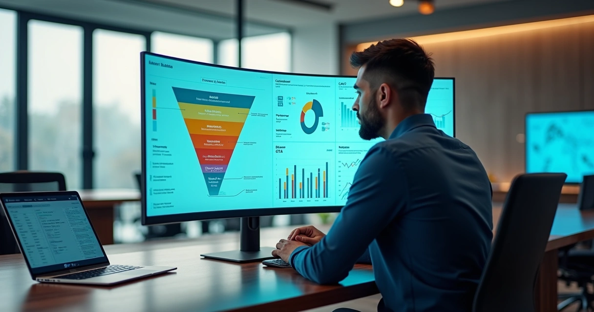 Gestor analisa funil de vendas com dados e métricas em dashboard na tela 