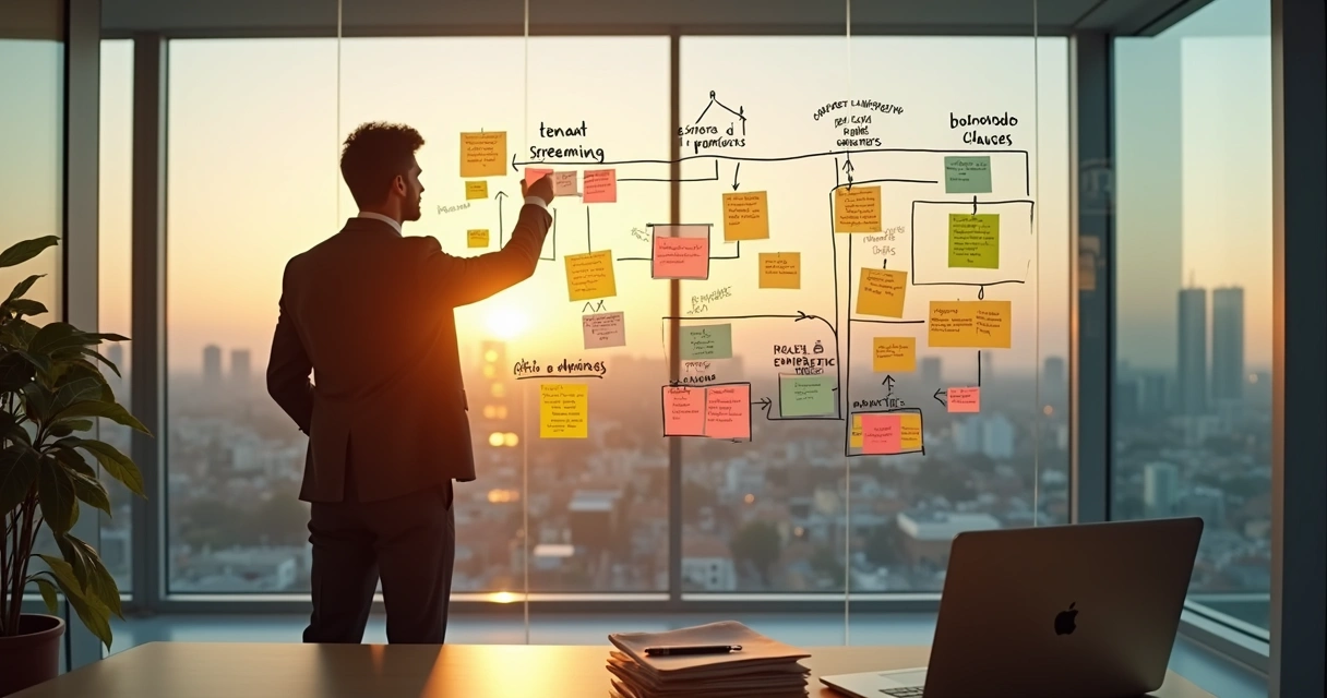 Gestor imobiliário analisando fluxo de gestão de locações em parede de vidro 