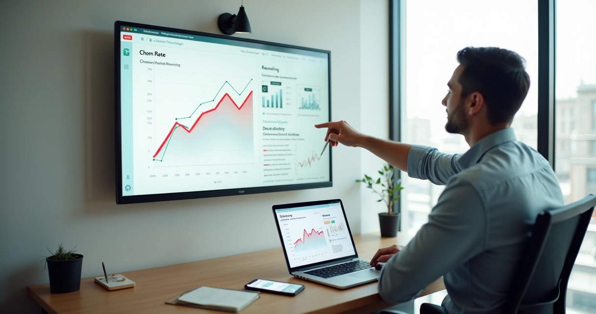 Gestor analisa gráfico de churn com curva de cancelamentos em queda 