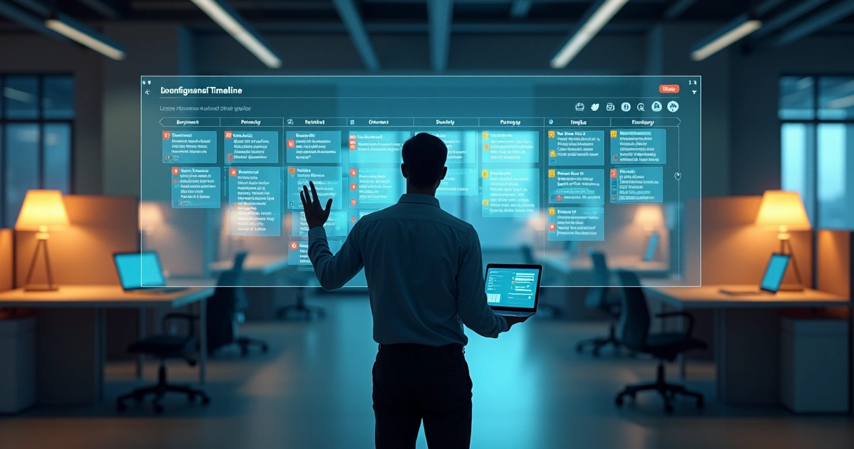 Gestor de PME analisando linha do tempo digital de check-ins do time 