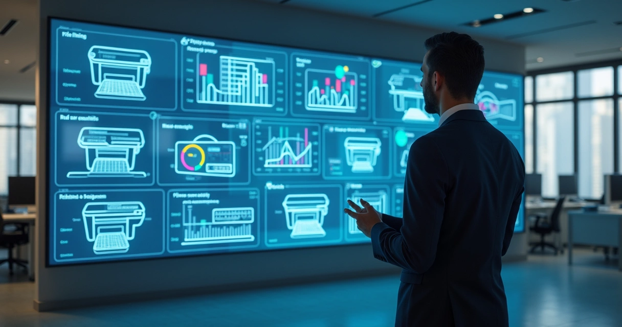 Pessoa analisando o status de várias impressoras em gráficos em painel digital