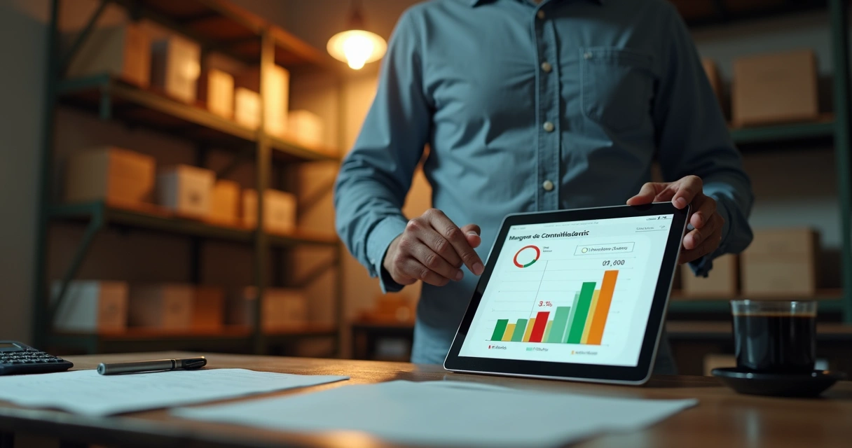 Gestor de pequena empresa analisando margem de contribuição em um tablet 