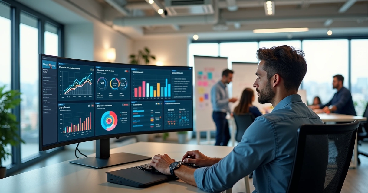 Gestor analisando gráficos de KPIs de RH em monitor de computador com equipe ao fundo 