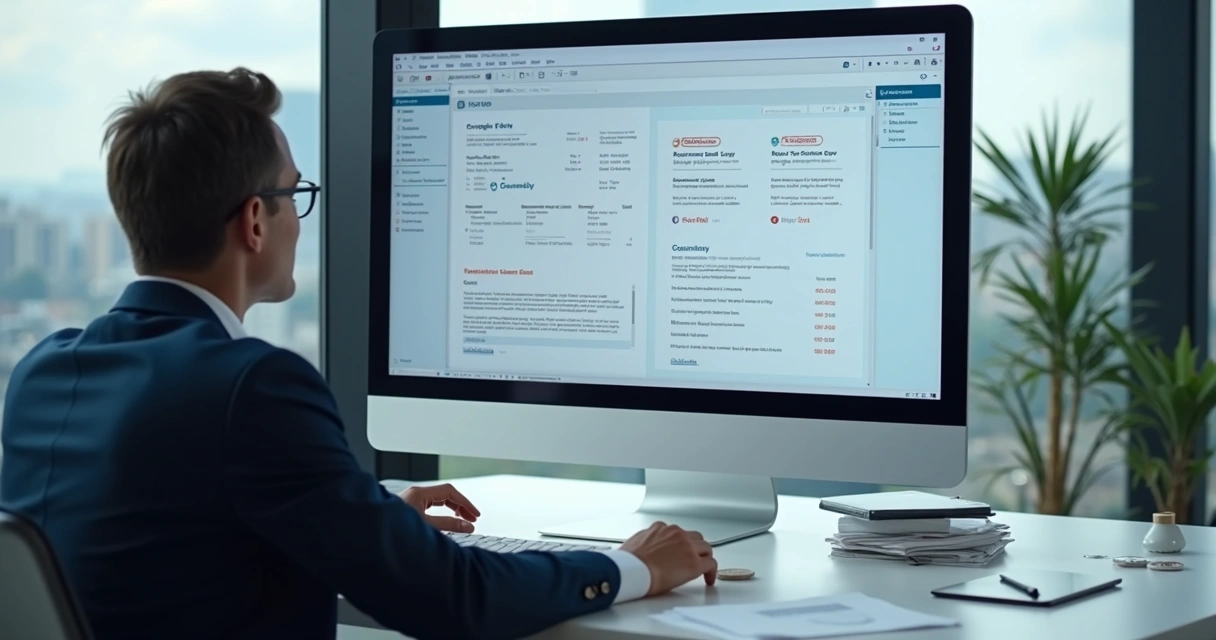 Gestor analisando documentos fiscais eletrônicos na tela do computador