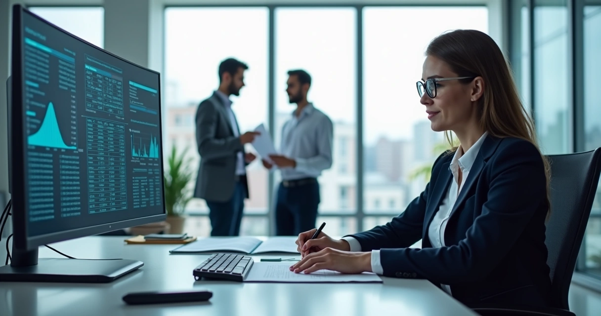 Gestor analisando notas fiscais em tela com equipe ao fundo 