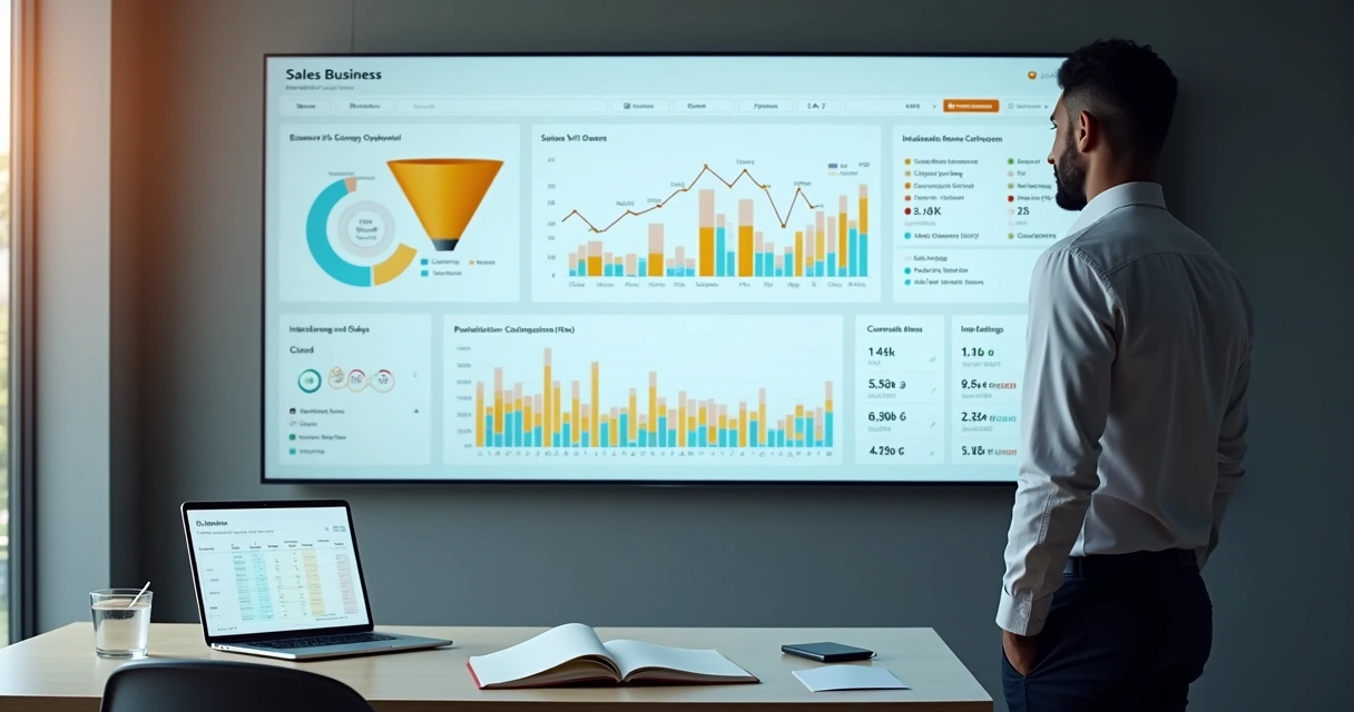 Gestor de vendas analisa painel digital de indicadores comerciais 