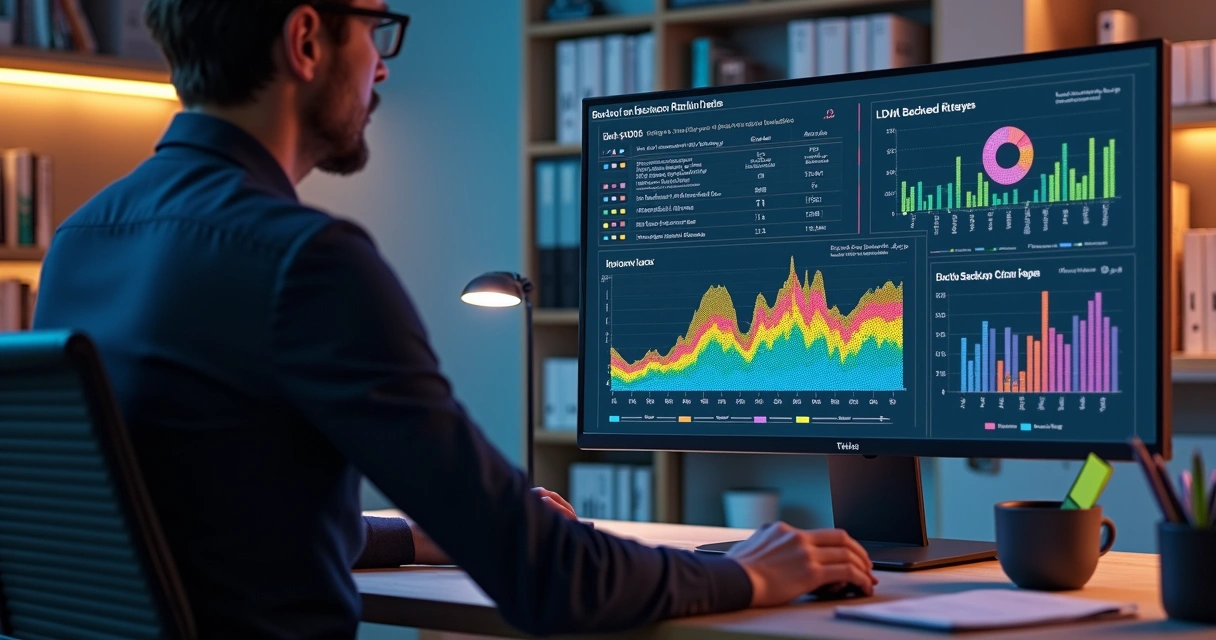 Gestor analisando gráficos de backup na tela do computador