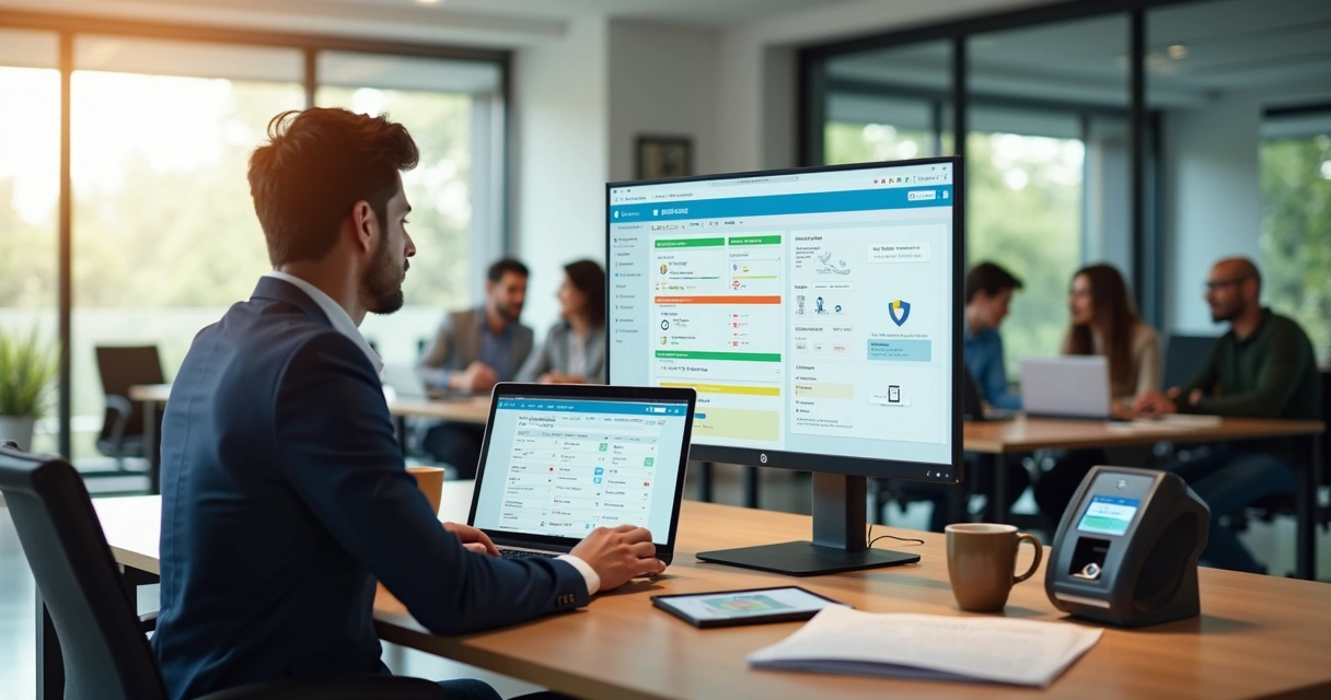 Gestor de RH analisando sistema de ponto digital em escritório moderno 