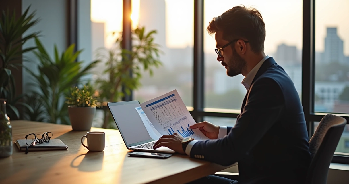 Gestor analisando relatório ERP na mesa de trabalho