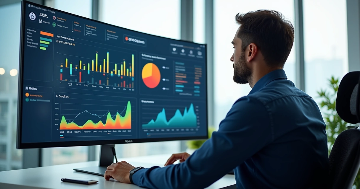 Gestor analisa relatórios financeiros coloridos na tela de um computador