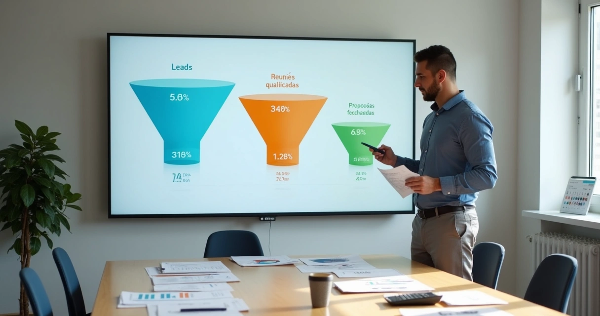 Gestor analisa taxas de conversão do funil de vendas em painel com funil dividido em três etapas 