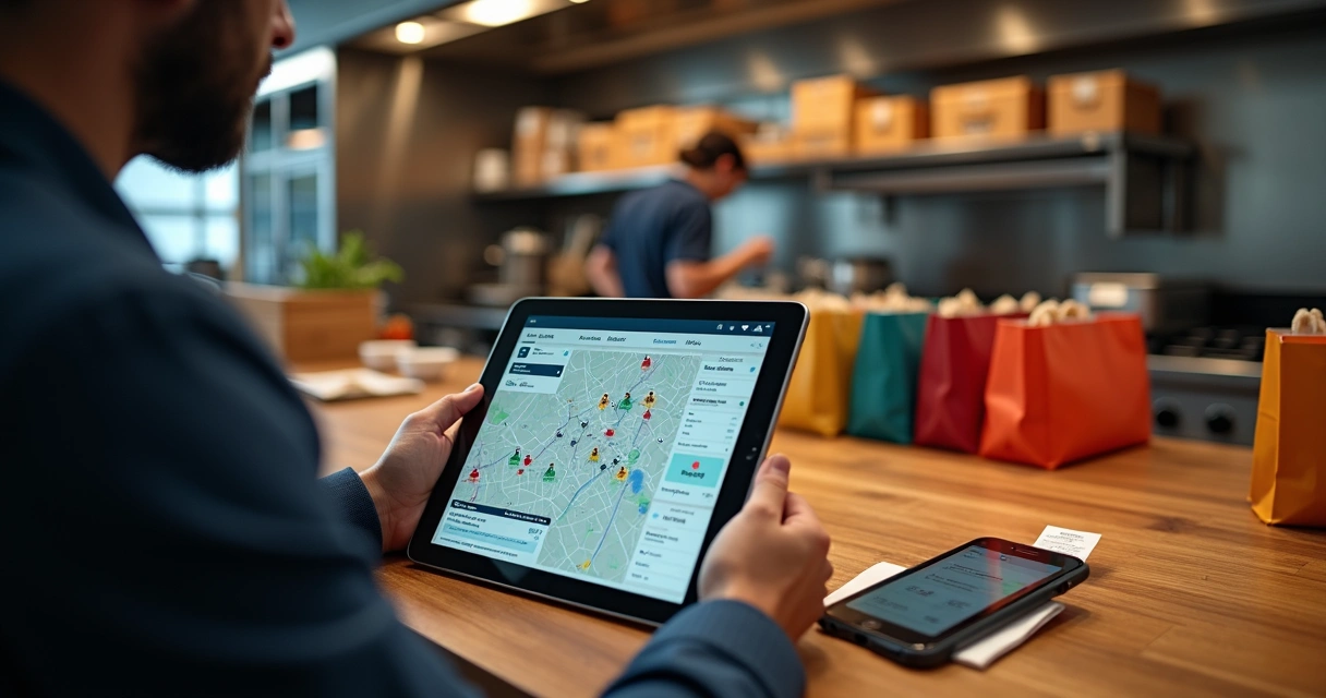 Gestor analisando aplicativo para delivery em tablet com mapas e indicadores 