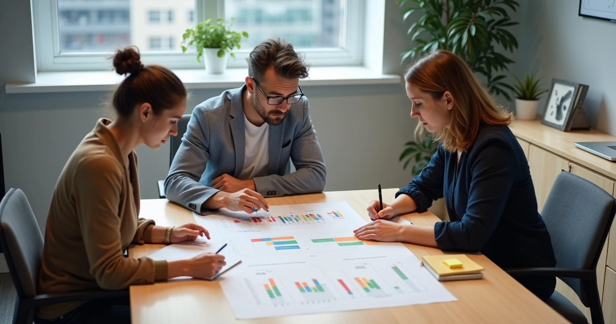 Gestor de PME analisando painel com metas atrasadas em sala de reunião pequena 