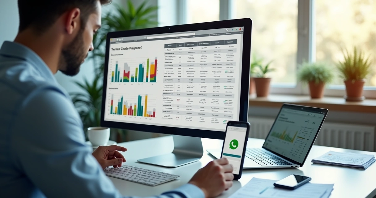 Gestor sentado à mesa analisando balanço patrimonial em tela de computador com gráficos e números financeiros claros 