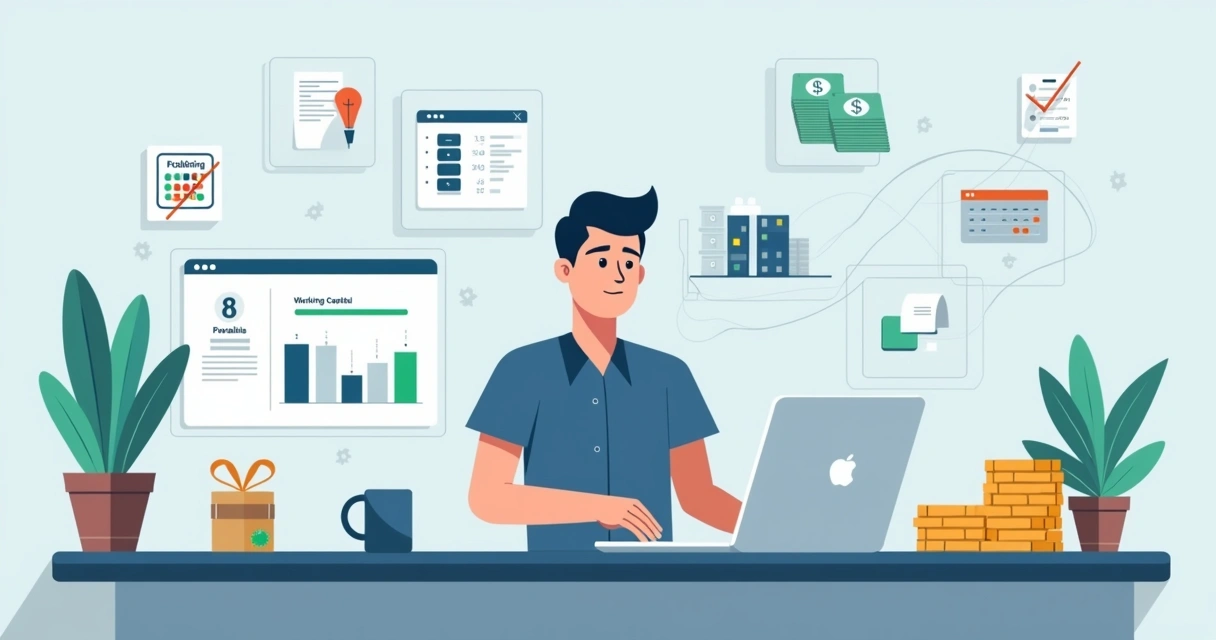 Gestor de pequena empresa analisando fluxo de caixa e capital de giro na tela do computador 