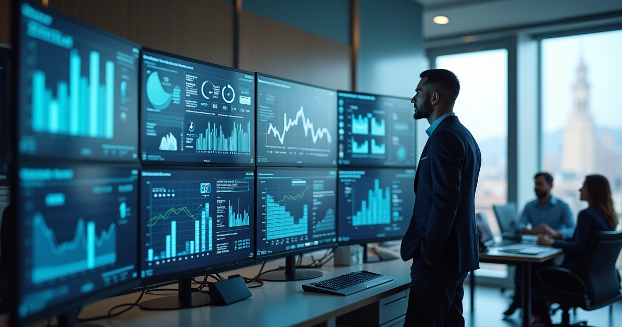 Gestor observando gráficos e dados em telas no escritório 