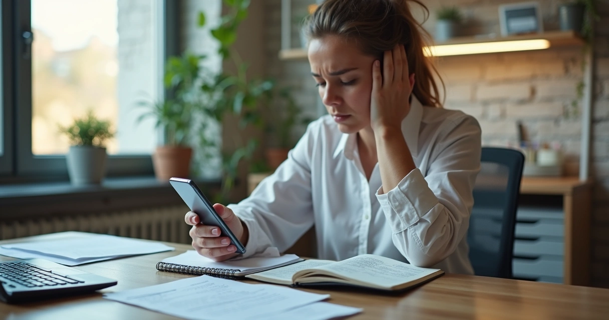 Gestor olhando mensagens de cobrança em notebook e celular 