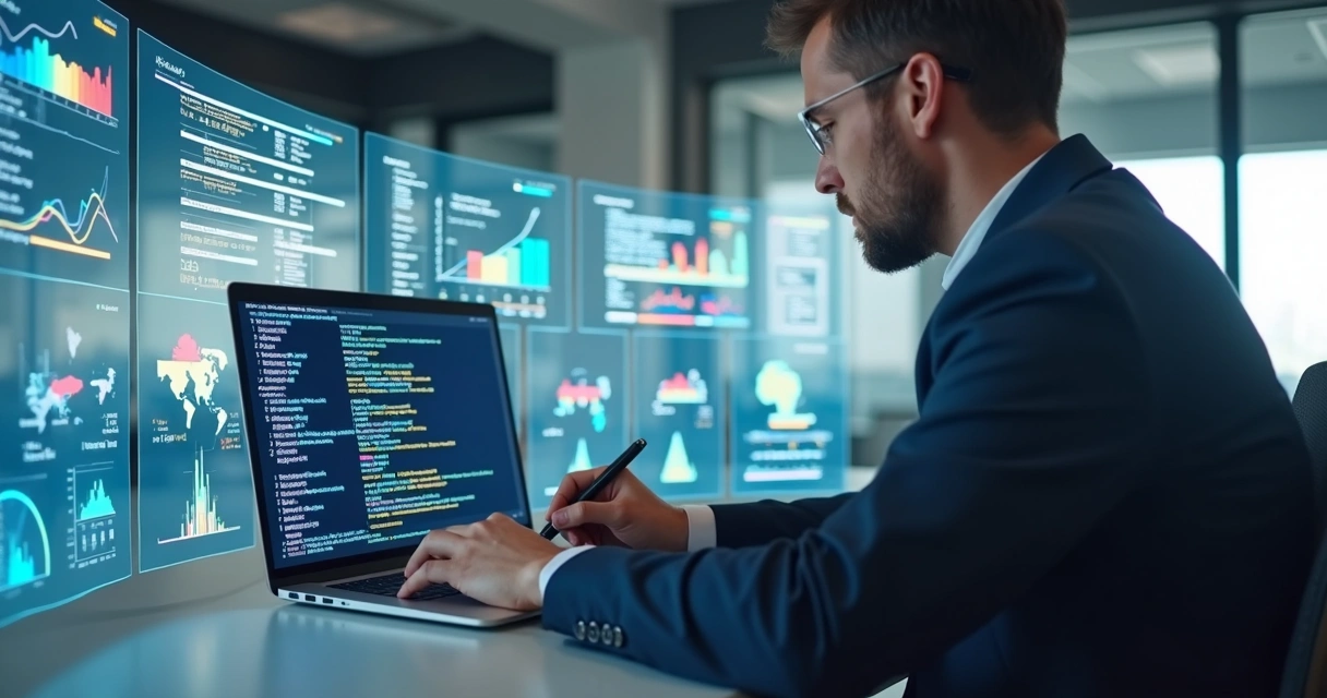 Gestor corporativo analisando código Python em laptop com gráficos de dados ao fundo 