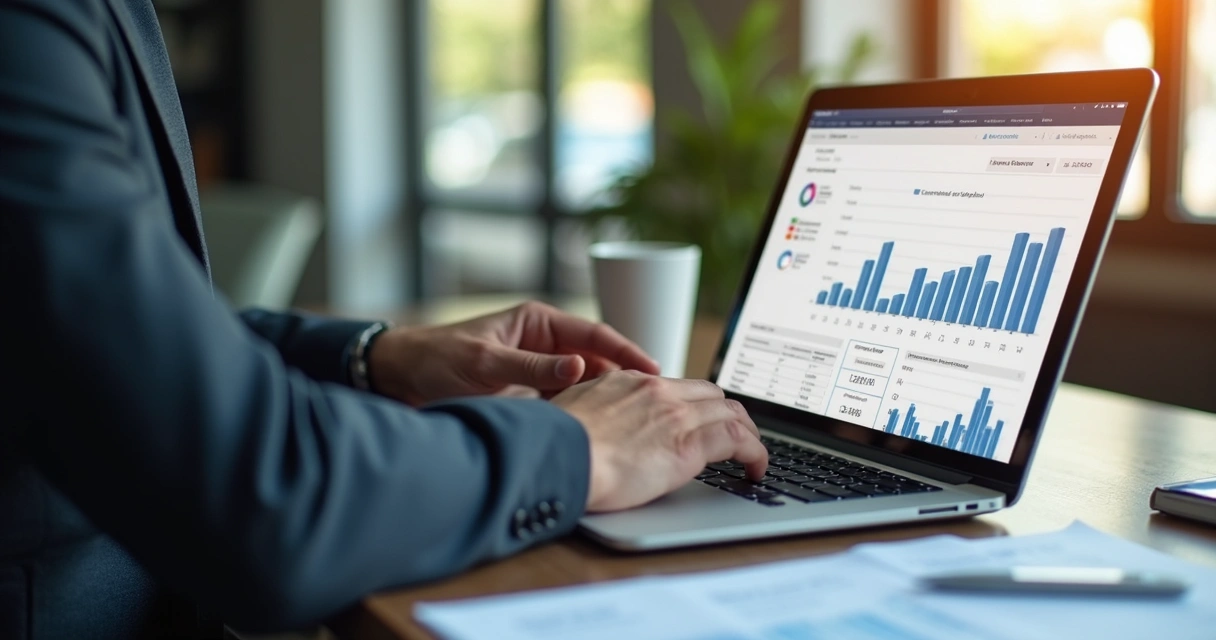 Sales manager analyzing CRM data on a laptop